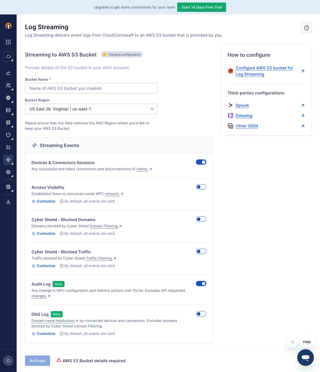 Screenshot of the Log Streaming Configuration page