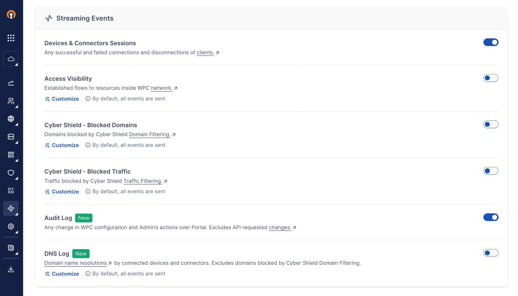 Screenshot showing the customization options for Access Visibility, Cyber Shield, and DNS Log